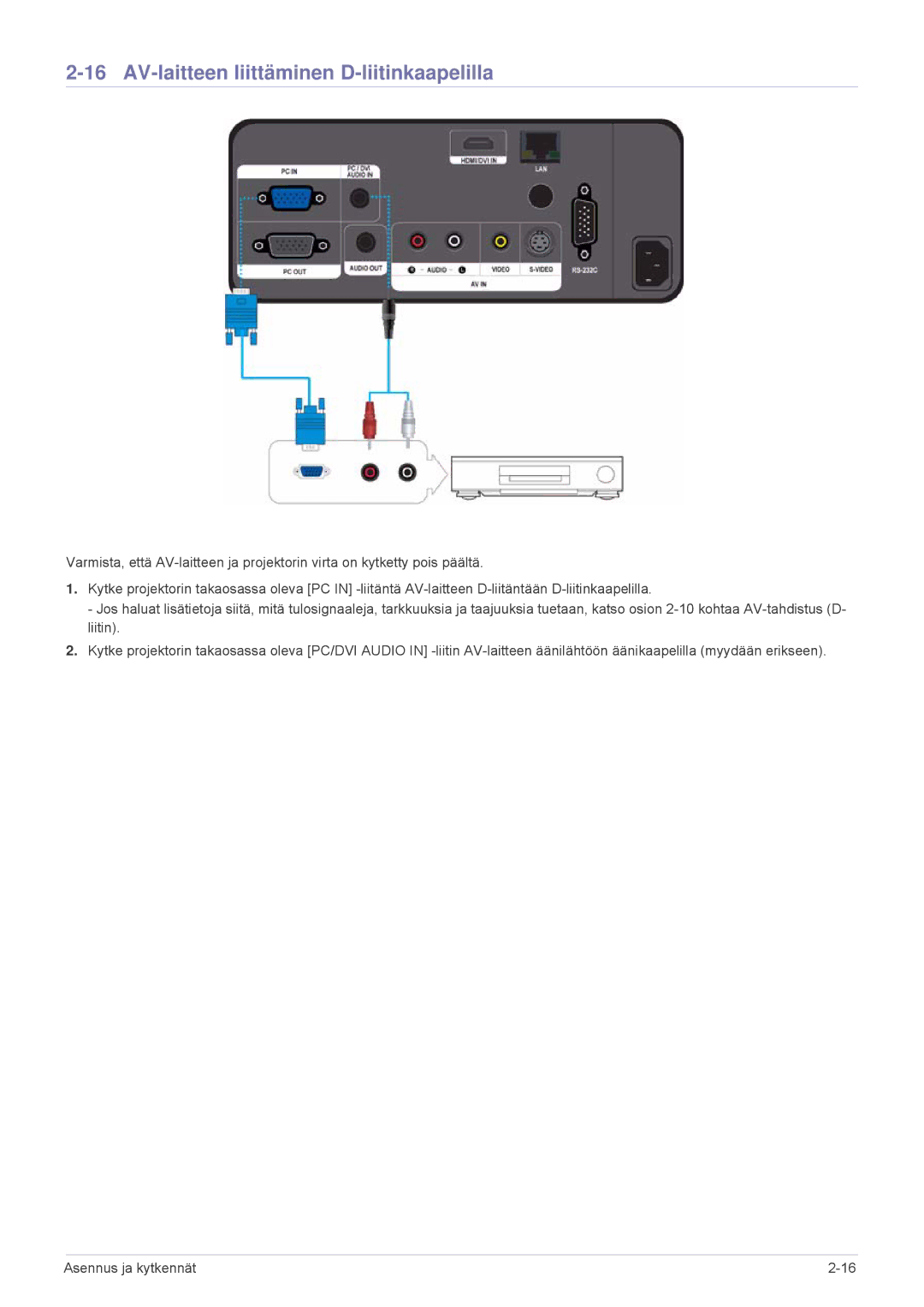 Samsung SPL331WEX/EN, SPL301WEX/EN manual AV-laitteen liittäminen D-liitinkaapelilla 