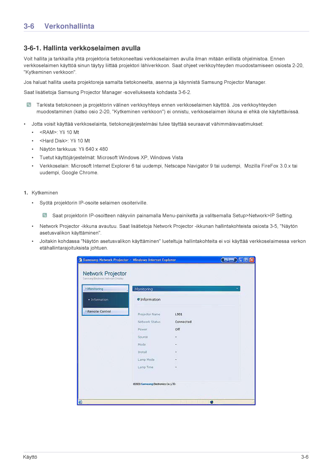 Samsung SPL301WEX/EN, SPL331WEX/EN manual Verkonhallinta, Hallinta verkkoselaimen avulla 