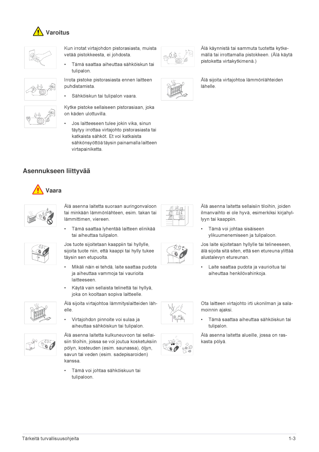 Samsung SPL331WEX/EN, SPL301WEX/EN manual Asennukseen liittyvää, Varoitus 