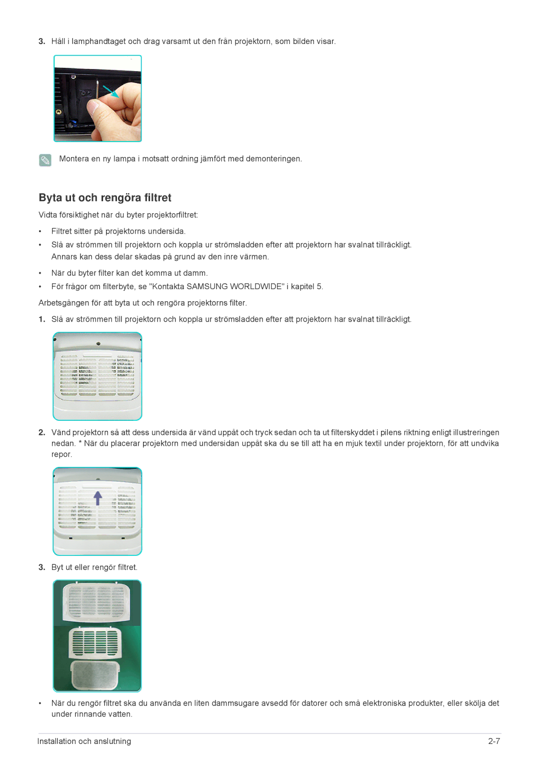 Samsung SPL301WEX/EN, SPL331WEX/EN manual Byta ut och rengöra filtret 