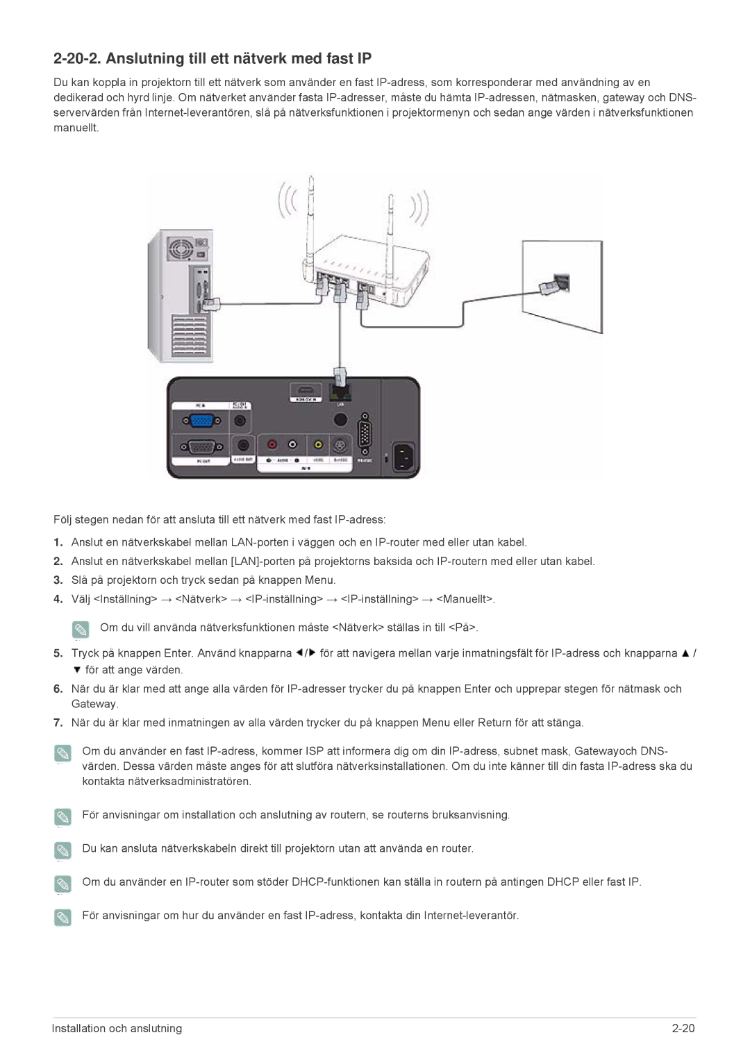 Samsung SPL301WEX/EN, SPL331WEX/EN manual Anslutning till ett nätverk med fast IP 