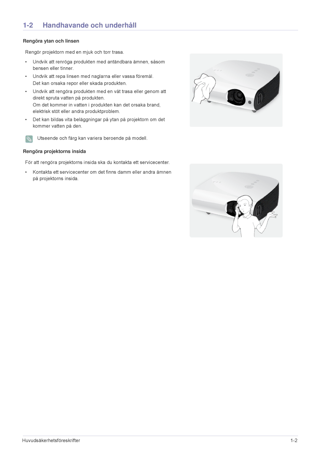 Samsung SPL331WEX/EN, SPL301WEX/EN manual Handhavande och underhåll, Rengöra ytan och linsen 