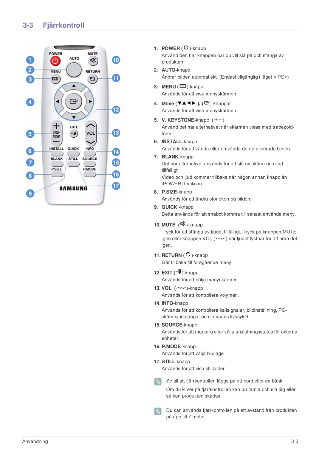 Samsung SPL301WEX/EN, SPL331WEX/EN manual Fjärrkontroll, Power -knapp 