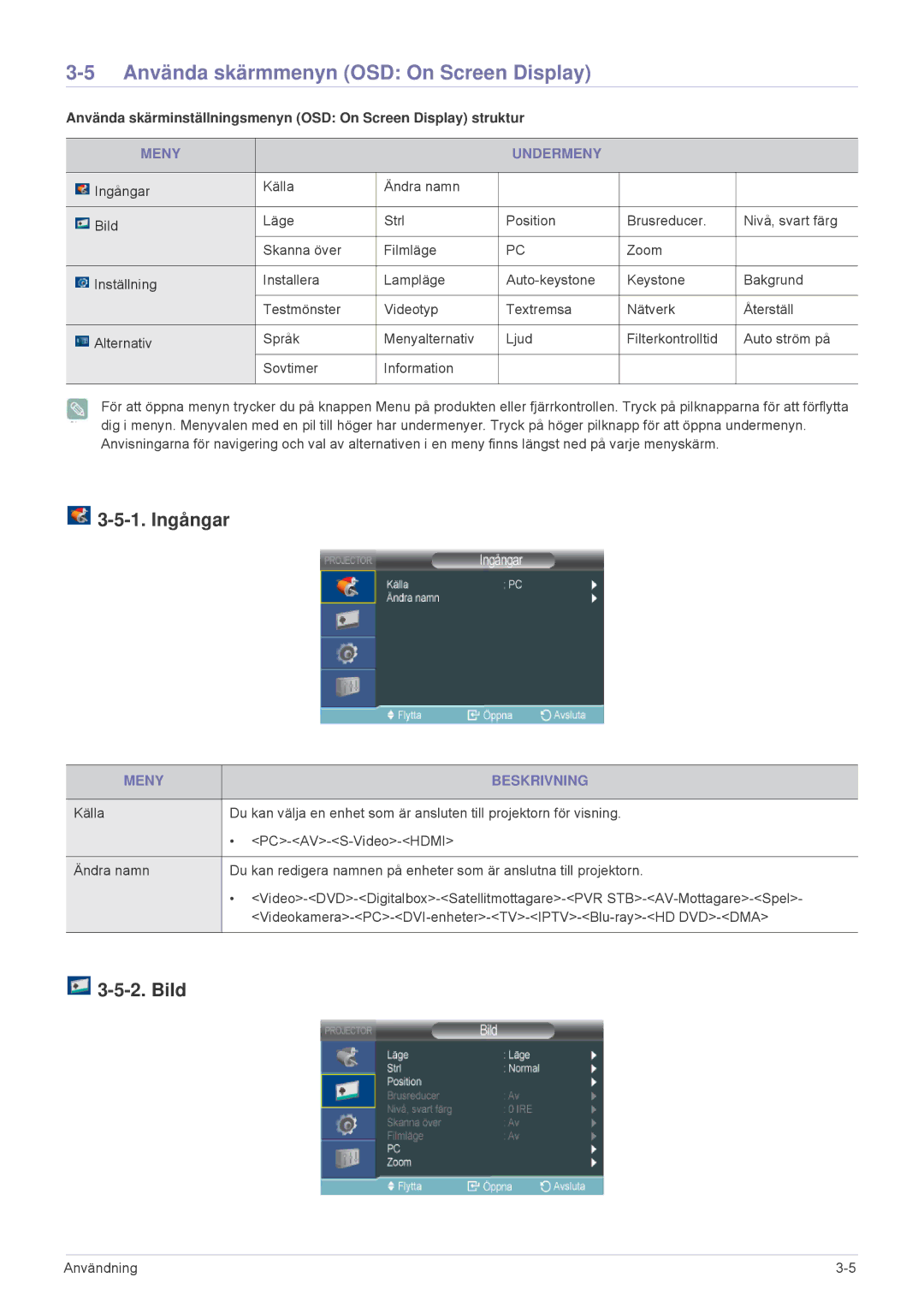 Samsung SPL331WEX/EN manual Använda skärmmenyn OSD On Screen Display, Ingångar, Bild, Meny Undermeny, Meny Beskrivning 