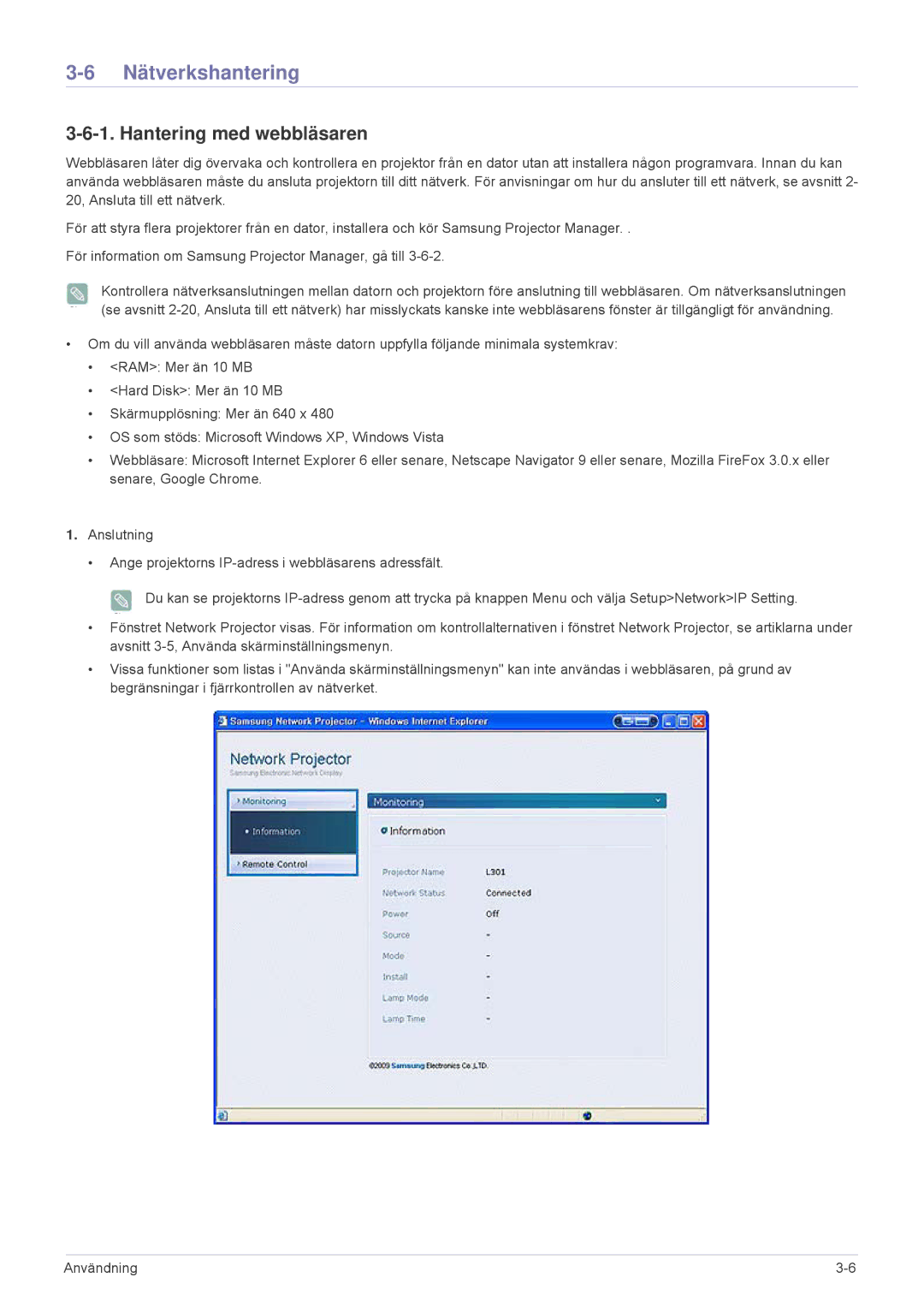 Samsung SPL301WEX/EN, SPL331WEX/EN manual Nätverkshantering, Hantering med webbläsaren 