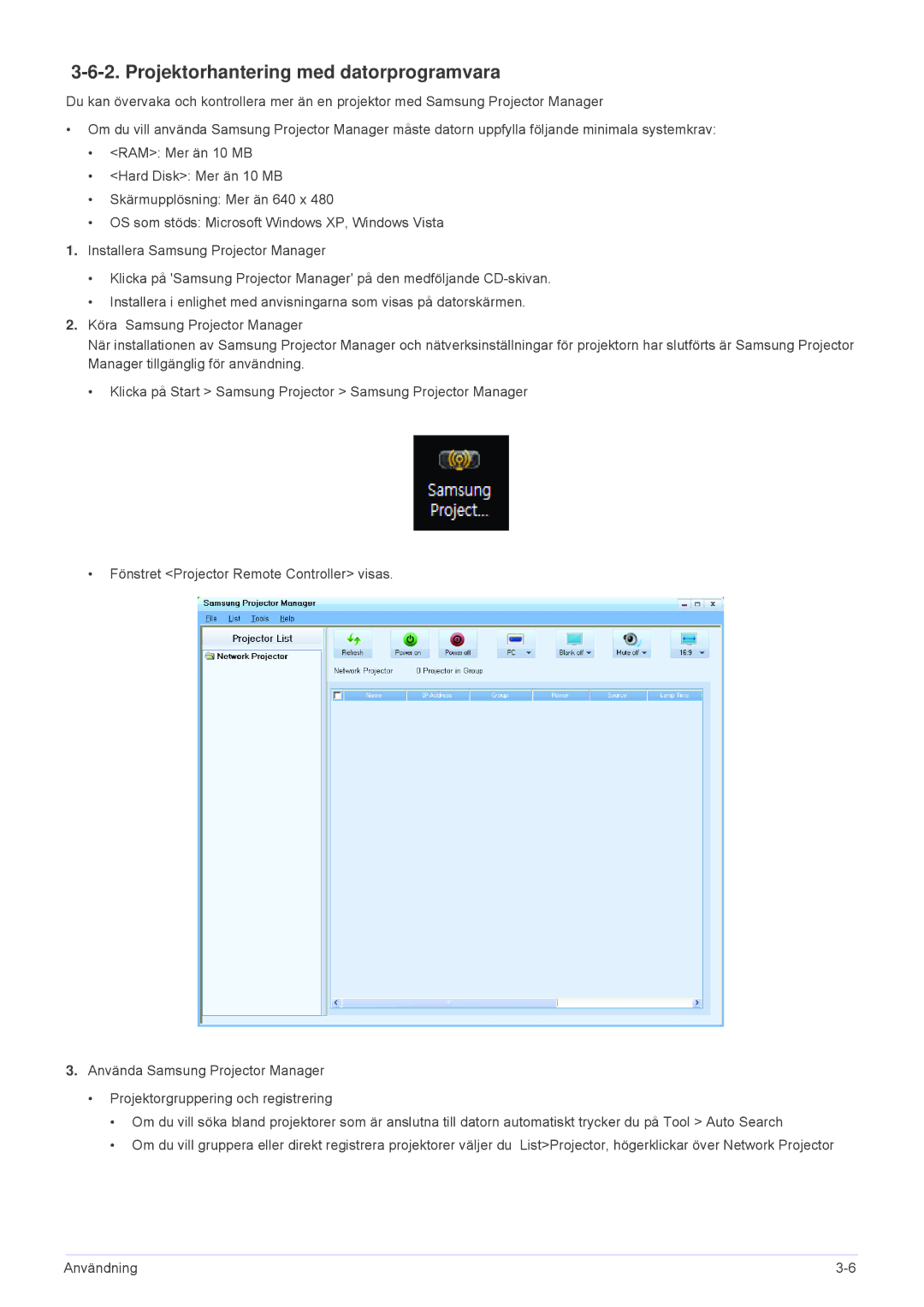 Samsung SPL331WEX/EN, SPL301WEX/EN manual Projektorhantering med datorprogramvara 