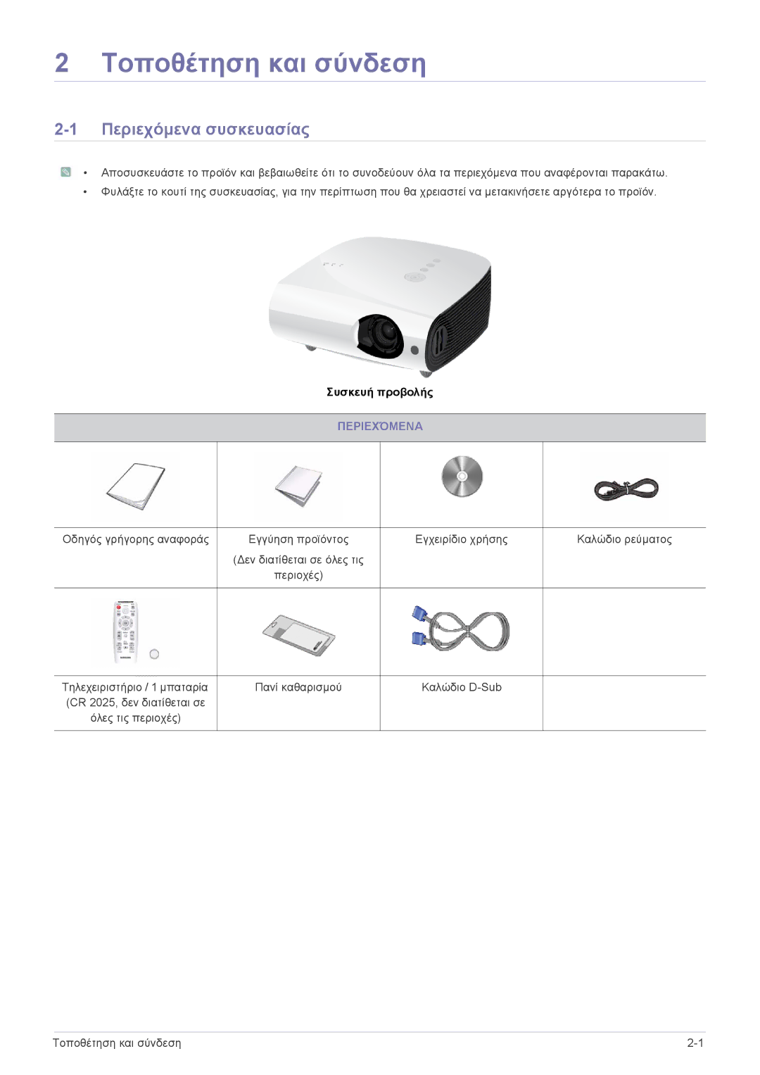 Samsung SPL301WEX/EN, SPL331WEX/EN manual Περιεχόμενα συσκευασίας 