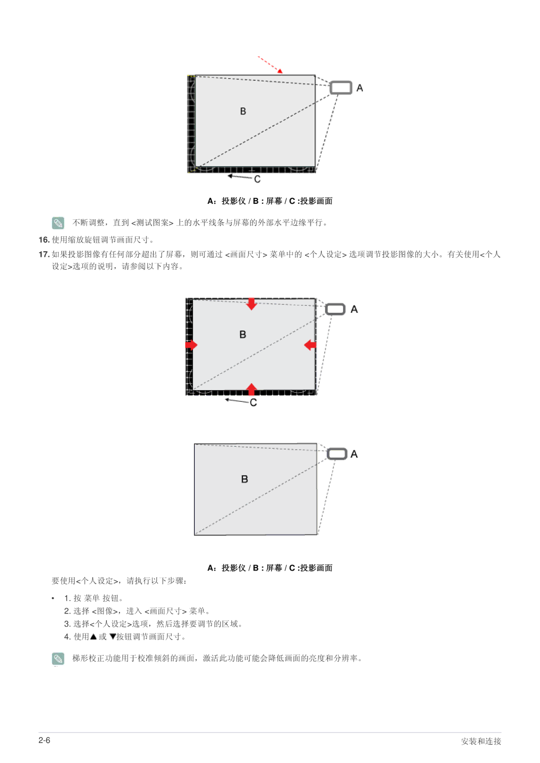 Samsung SPL301WEX/EN, SPL331WEX/EN manual ：投影仪 / B 屏幕 / C 投影画面 