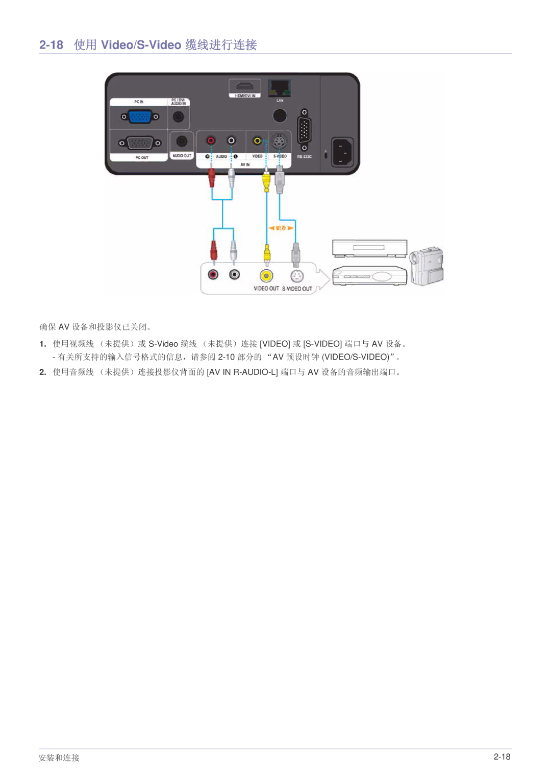 Samsung SPL331WEX/EN, SPL301WEX/EN 18 使用 Video/S-Video 缆线进行连接, 使用音频线 （未提供）连接投影仪背面的 AV in R-AUDIO-L端口与 AV 设备的音频输出端口。 安装和连接 