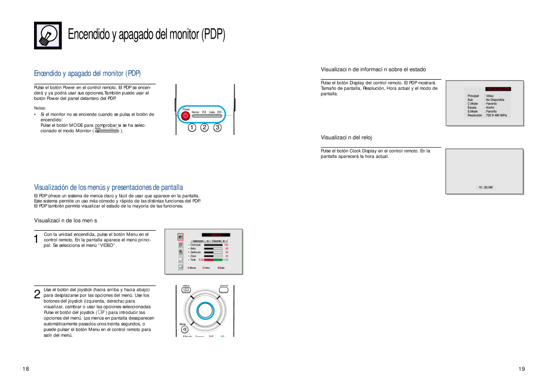 Samsung SPL4225 manual Encendido y apagado del monitor PDP, Visualización de los menús y presentaciones de pantalla 