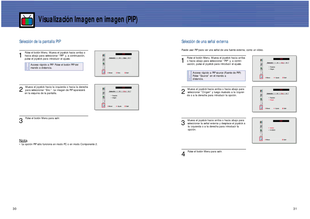 Samsung SPL4225 manual Visualización Imagen en imagen PIP, Selección de la pantalla PIP, Selección de una señal externa 
