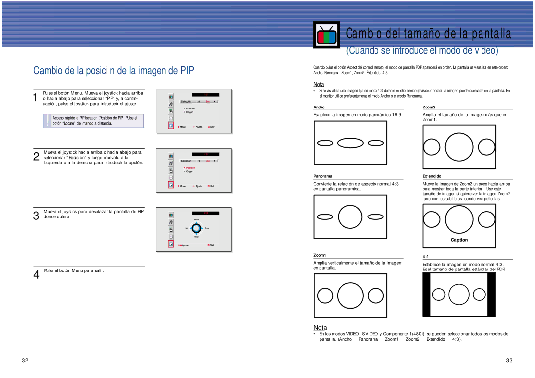 Samsung SPL4225 manual Cambio del tamaño de la pantalla, Cambio de la posición de la imagen de PIP 