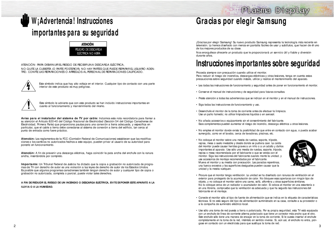 Samsung SPL4225 manual Gracias por elegir Samsung, ¡Advertencia! Instrucciones importantes para su seguridad 