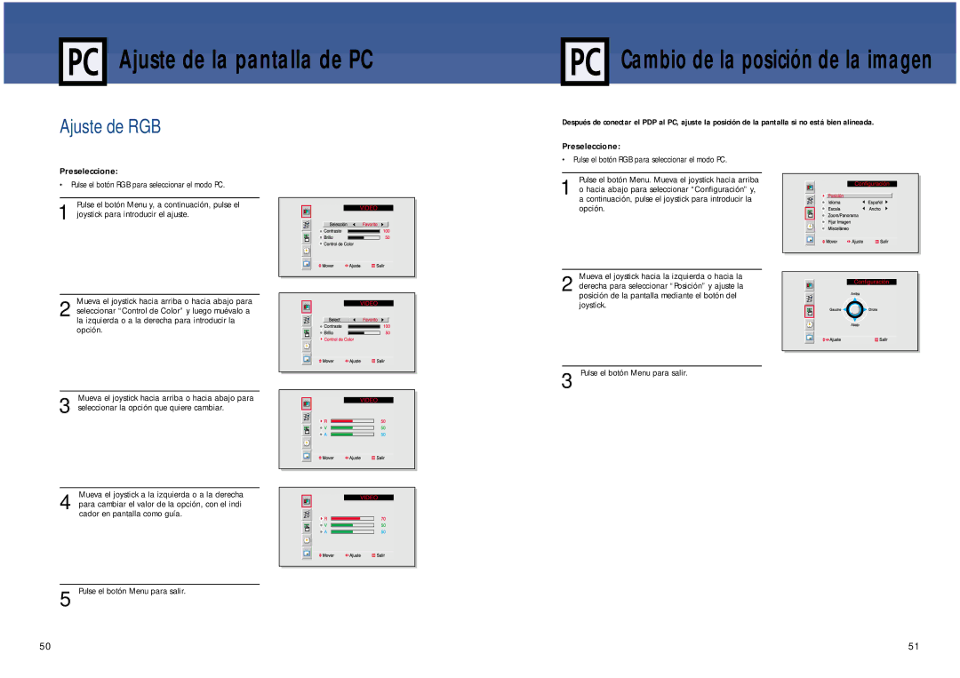 Samsung SPL4225 manual Ajuste de la pantalla de PC, Cambio de la posición de la imagen, Ajuste de RGB 