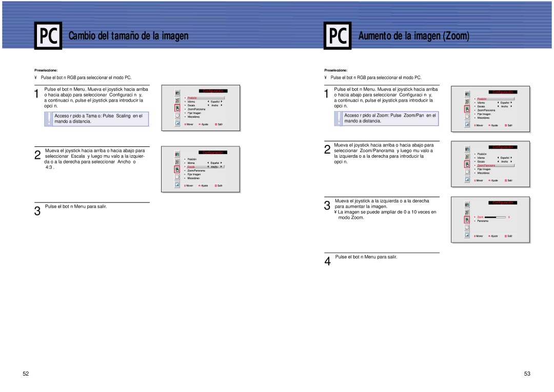 Samsung SPL4225 manual Cambio del tamaño de la imagen, Aumento de la imagen Zoom 