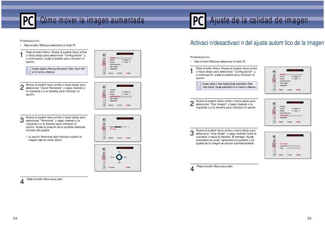 Samsung SPL4225 manual Ajuste de la calidad de imagen, Cómo mover la imagen aumentada 