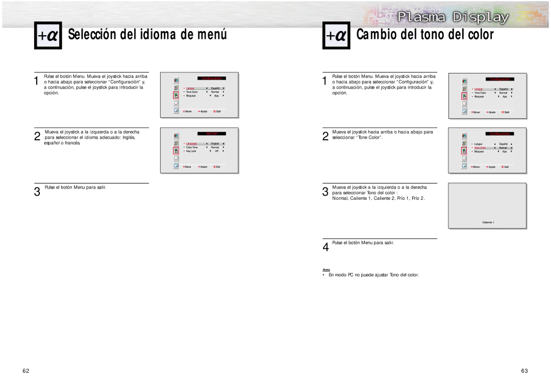 Samsung SPL4225 manual Selección del idioma de menú, Cambio del tono del color 