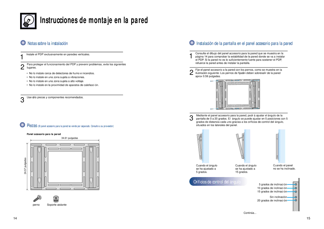 Samsung SPL4225 manual Instrucciones de montaje en la pared, Notas sobre la instalación, Panel accesorio para la pared 