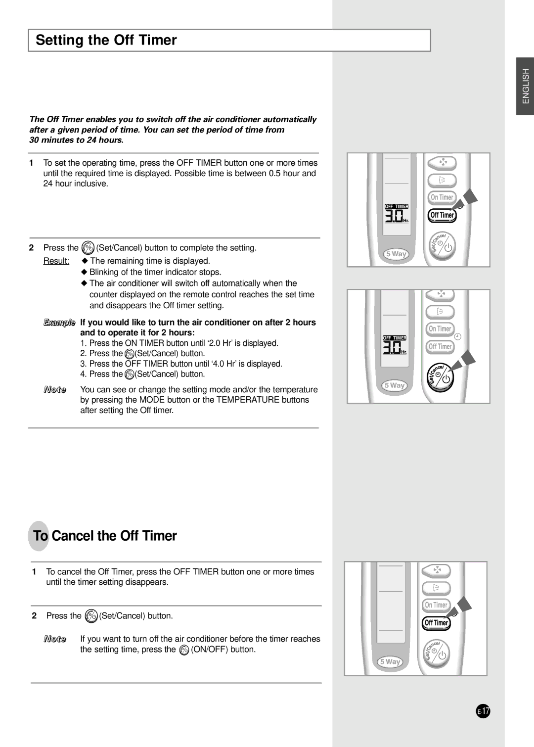 Samsung Split-type Room Air Conditioner manuel dutilisation Setting the Off Timer, To Cancel the Off Timer 