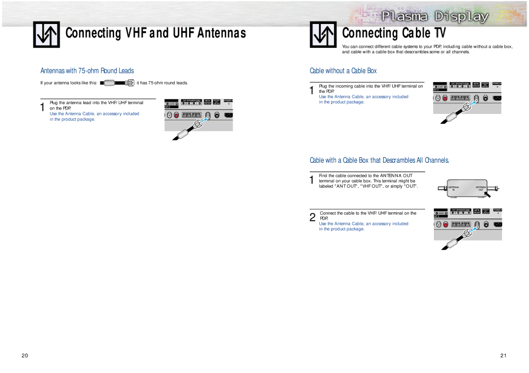 Samsung SPN4235 manual Connecting VHF and UHF Antennas, Connecting Cable TV, Antennas with 75-ohm Round Leads 