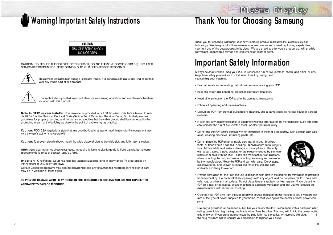 Samsung SPN4235 manual Thank You for Choosing Samsung, Important Safety Information 