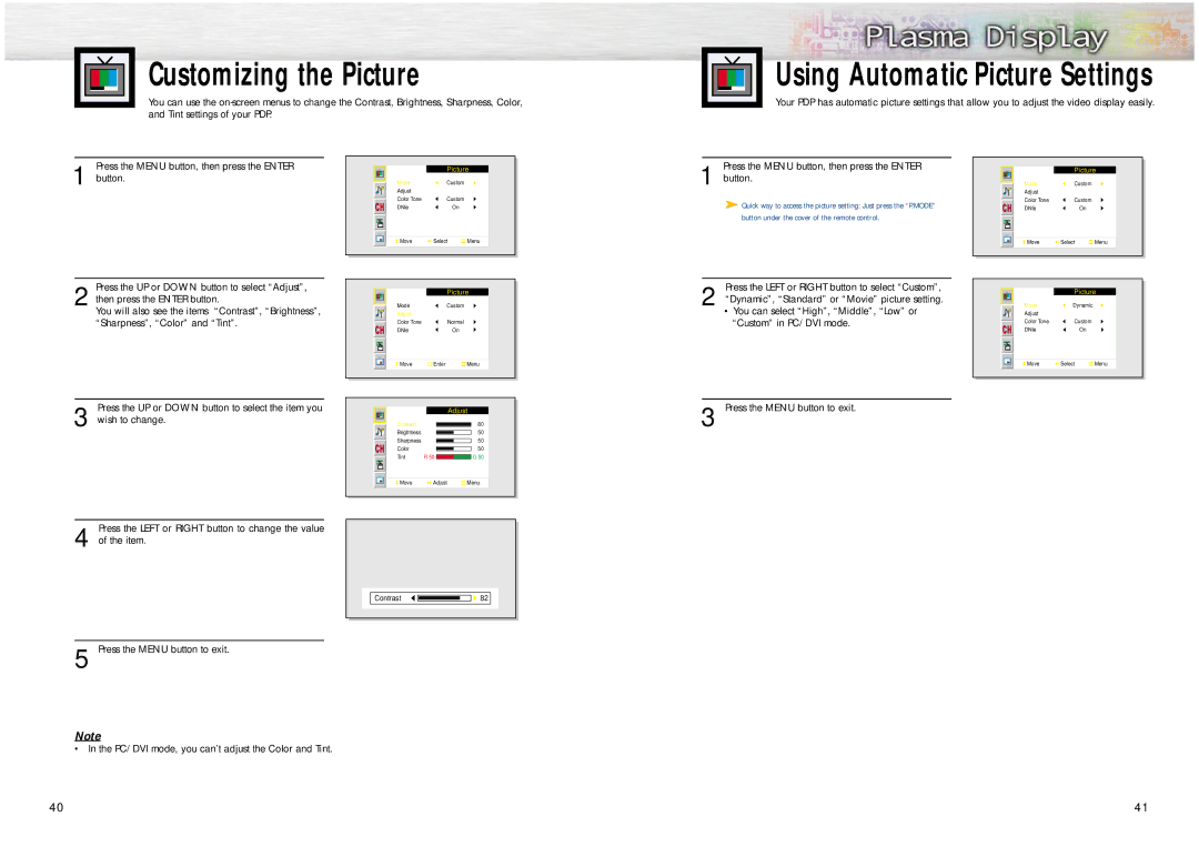 Samsung SPN4235 manual Customizing the Picture, Using Automatic Picture Settings, Press the Menu button to exit 