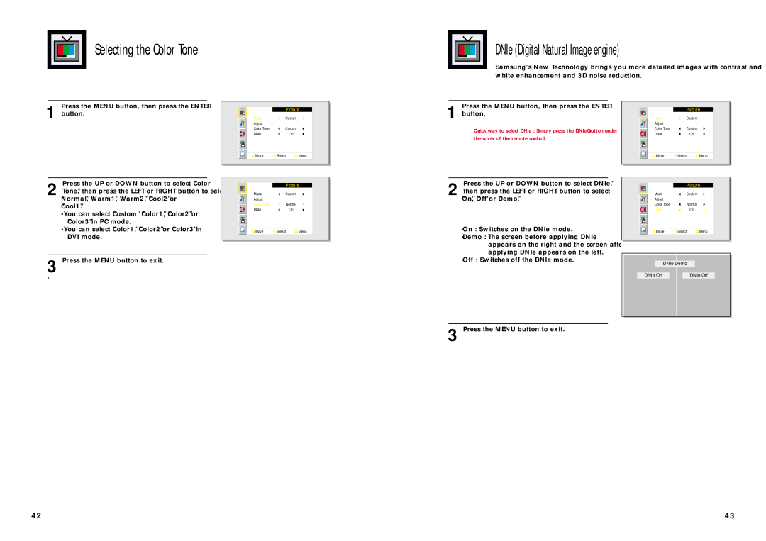 Samsung SPN4235 manual Selecting the Color Tone, DNIe Digital Natural Image engine 