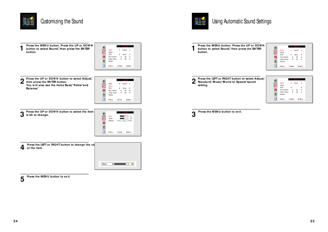 Samsung SPN4235 manual Customizing the Sound Using Automatic Sound Settings, Press the Menu button to exit 