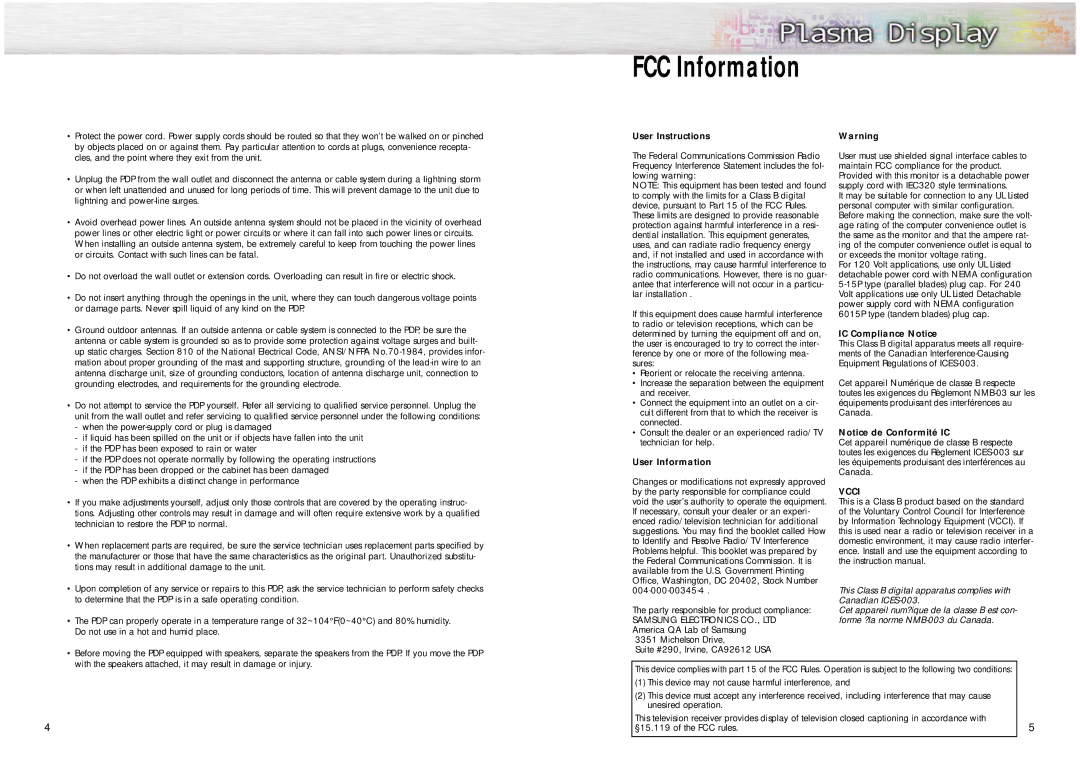 Samsung SPN4235 manual FCC Information 