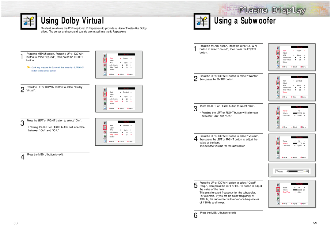 Samsung SPN4235 manual Using Dolby Virtual, Using a Subwoofer 