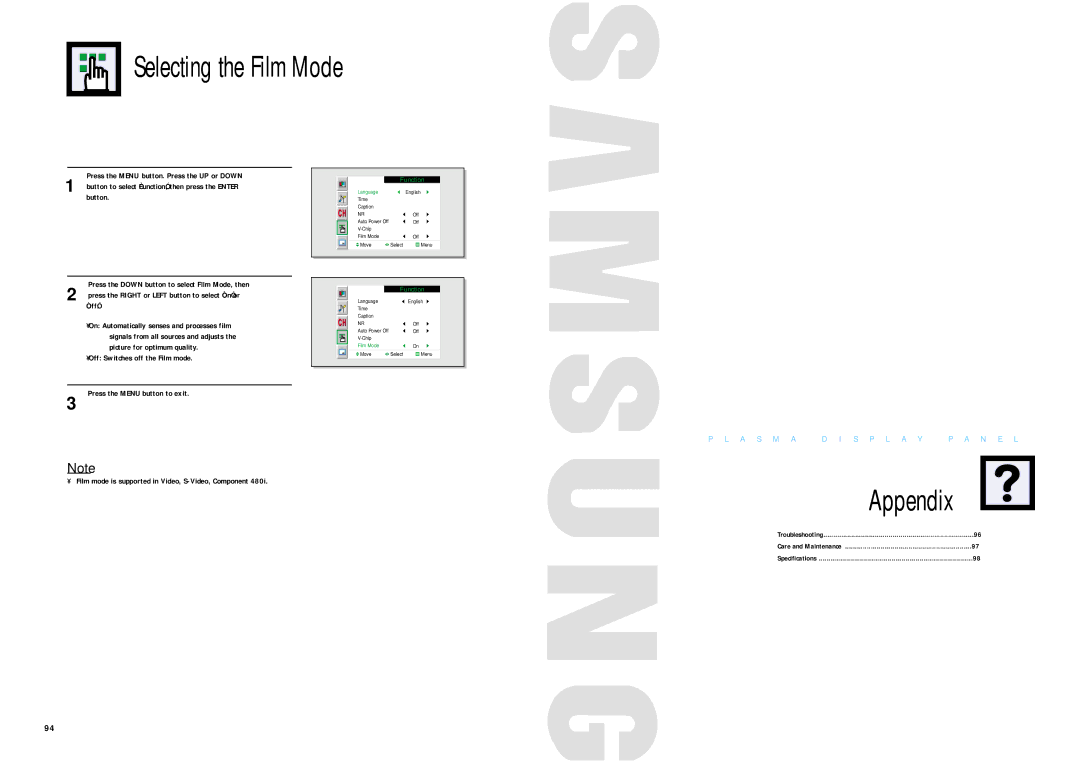 Samsung SPN4235 manual Selecting the Film Mode, Appendix 