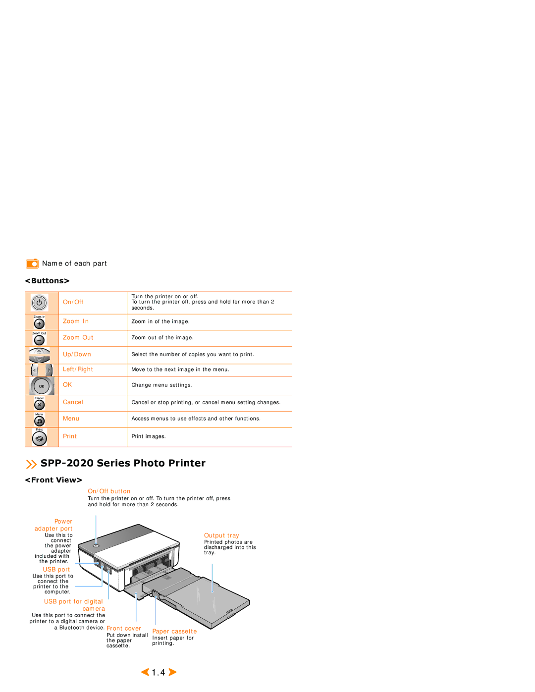 Samsung SPP 2040 manual SPP-2020 Series Photo Printer, Buttons 