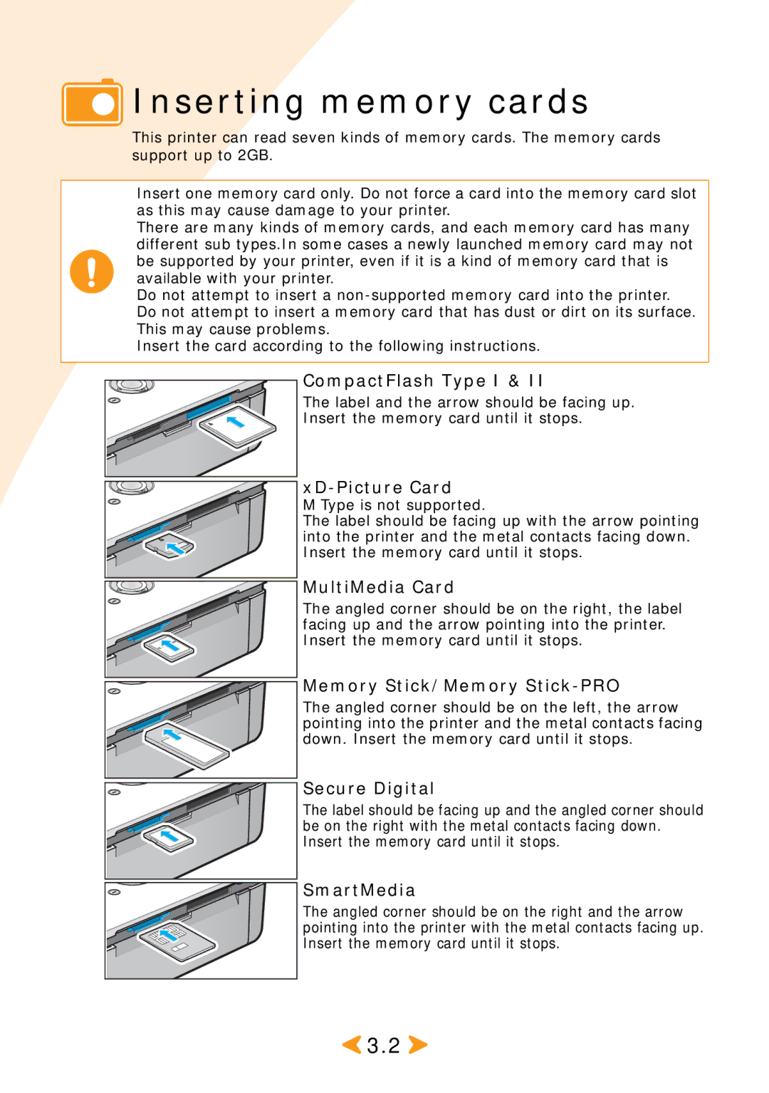 Samsung SPP 2040 manual Inserting memory cards 