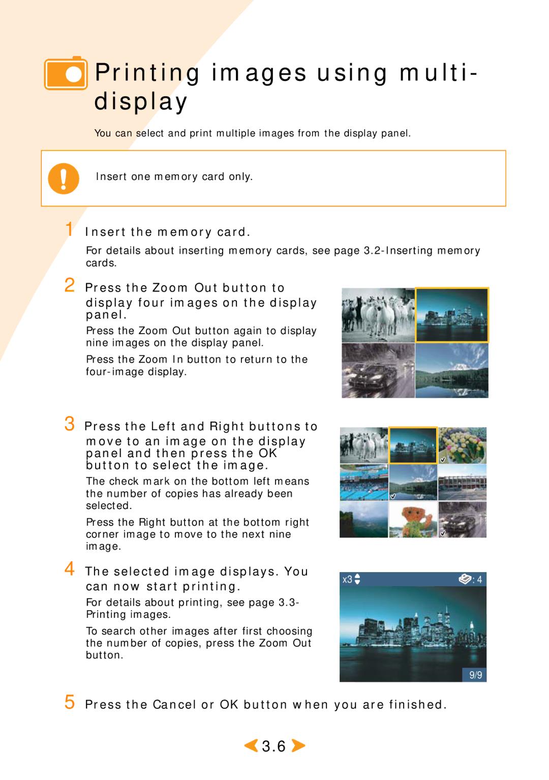 Samsung SPP 2040 manual Printing images using multi- display, Press the Cancel or OK button when you are finished 