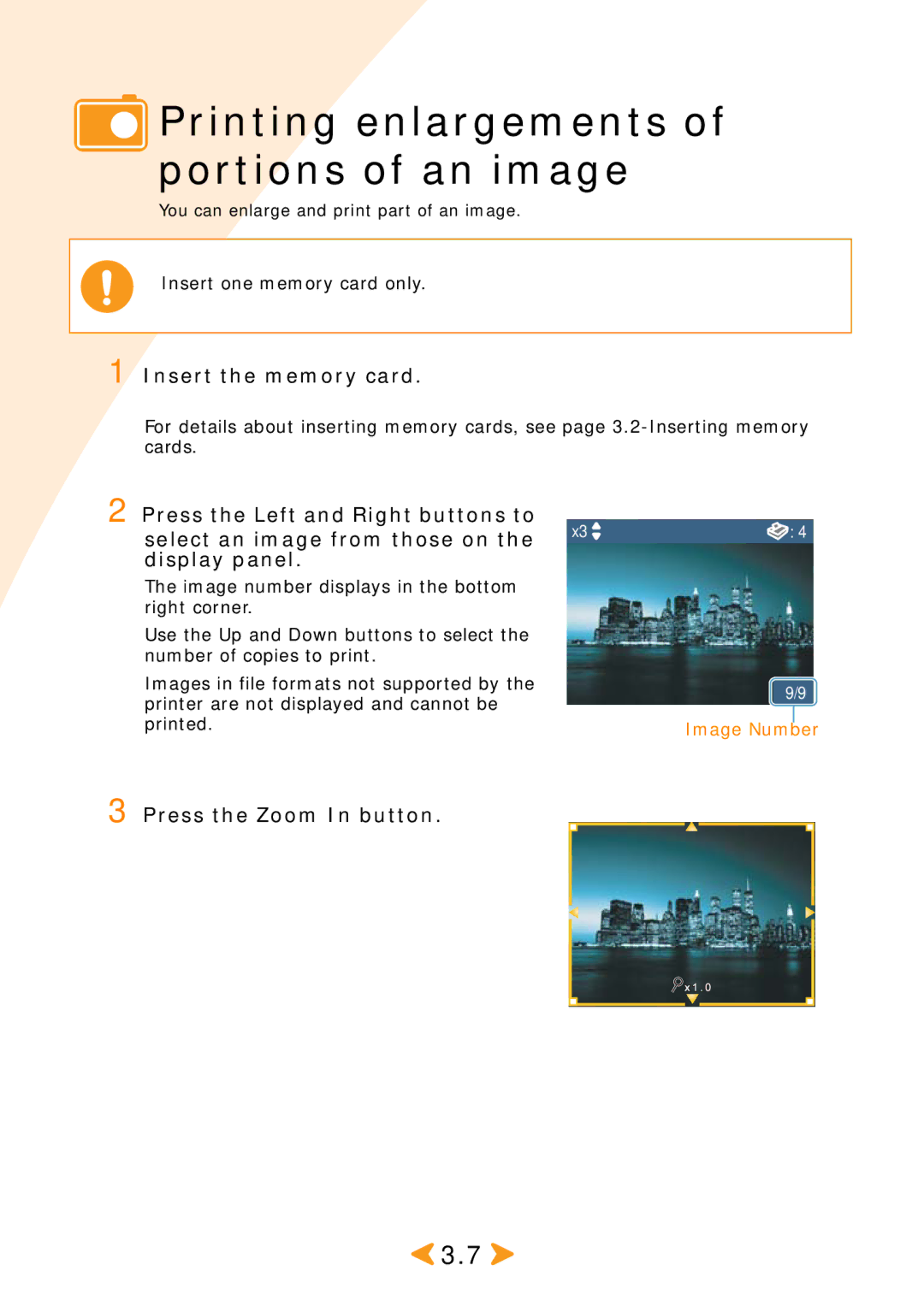 Samsung SPP 2040 manual Printing enlargements of portions of an image, Display panel, Press the Zoom In button 