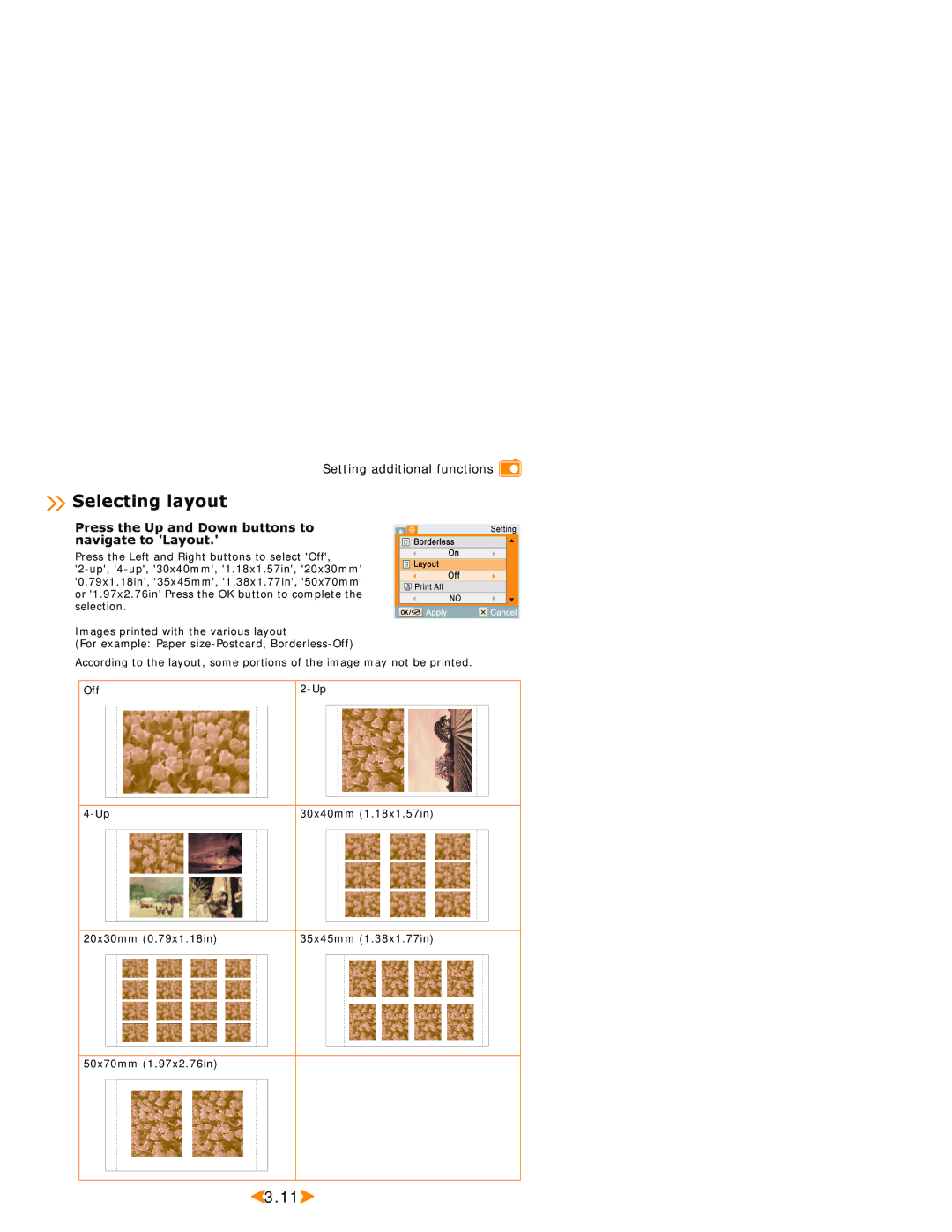 Samsung SPP 2040 manual Selecting layout, Press the Up and Down buttons to navigate to Layout 