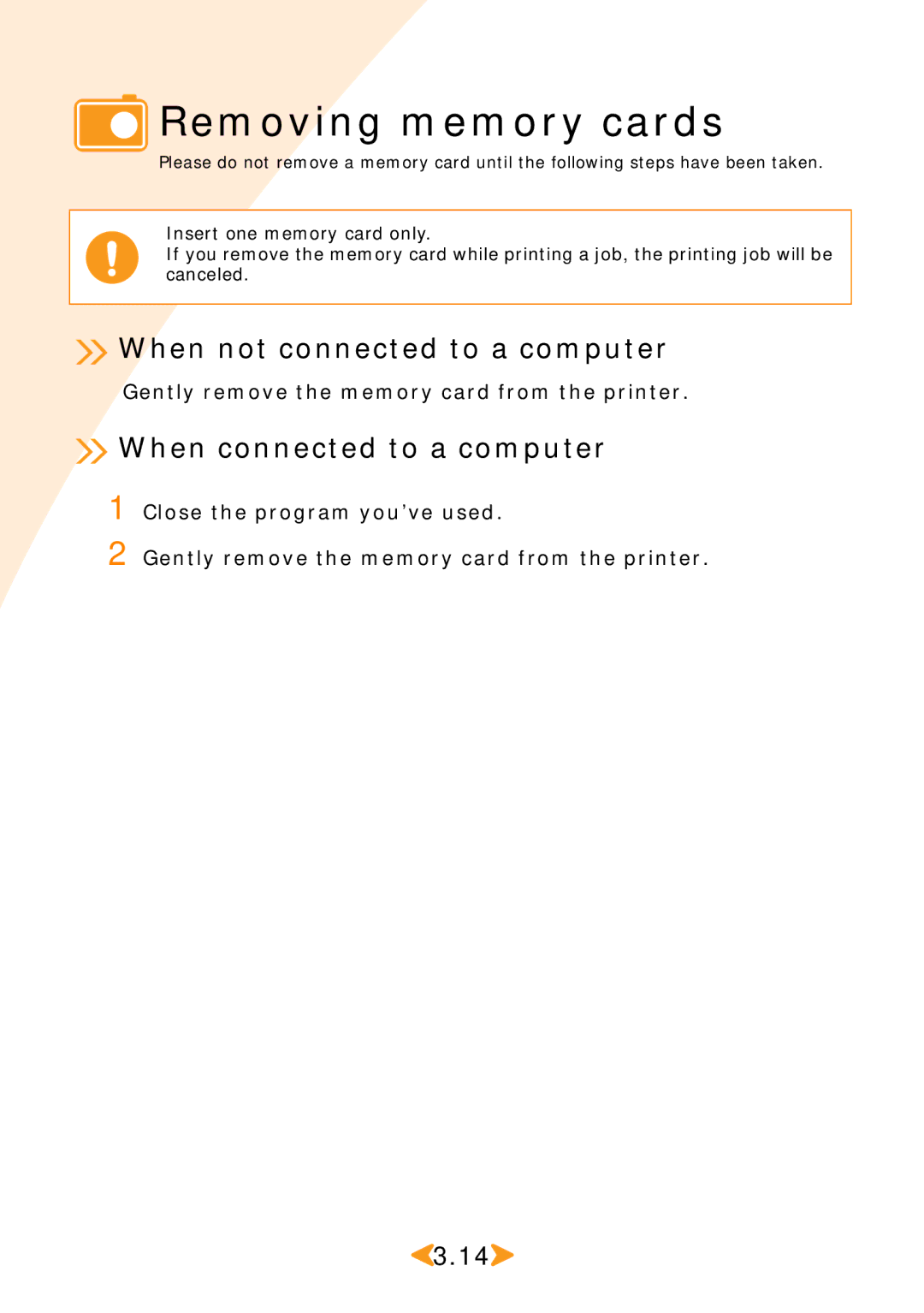 Samsung SPP 2040 manual Removing memory cards, When not connected to a computer, When connected to a computer 