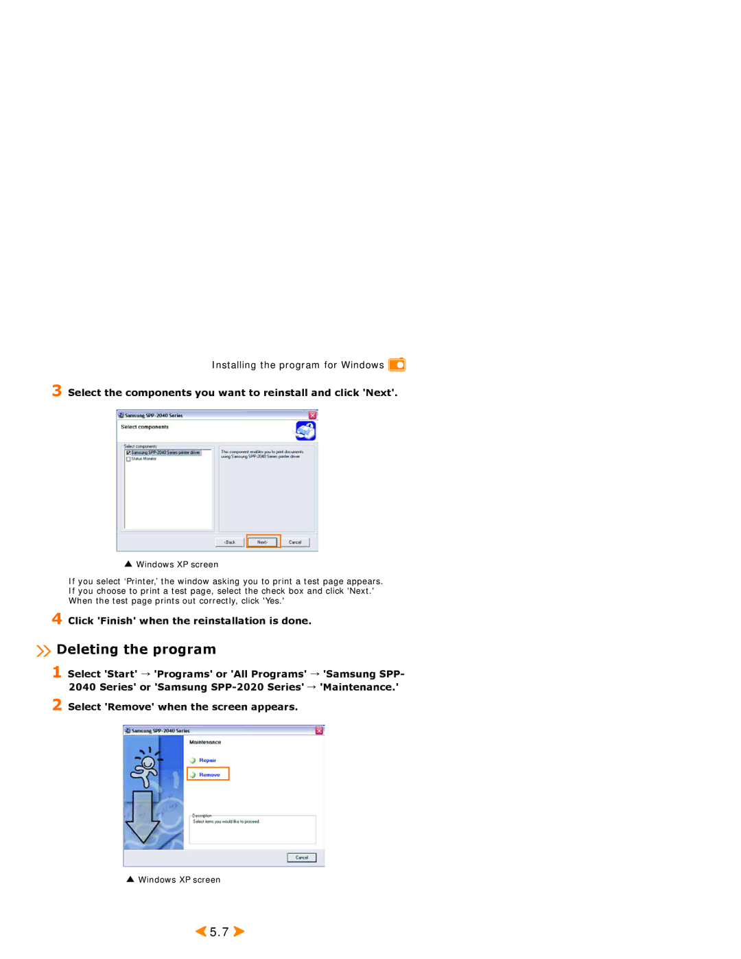 Samsung SPP 2040 manual Deleting the program, Select the components you want to reinstall and click Next 