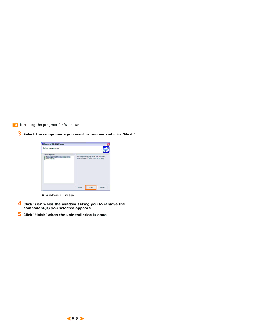 Samsung SPP 2040 manual Select the components you want to remove and click Next 