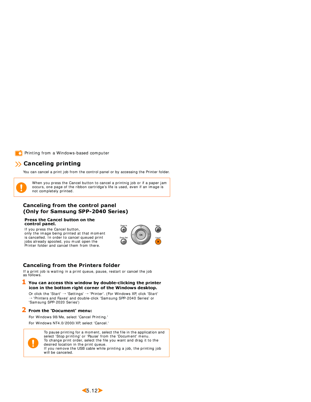 Samsung SPP 2040 manual Canceling printing, Press the Cancel button on the control panel, From the Document menu 