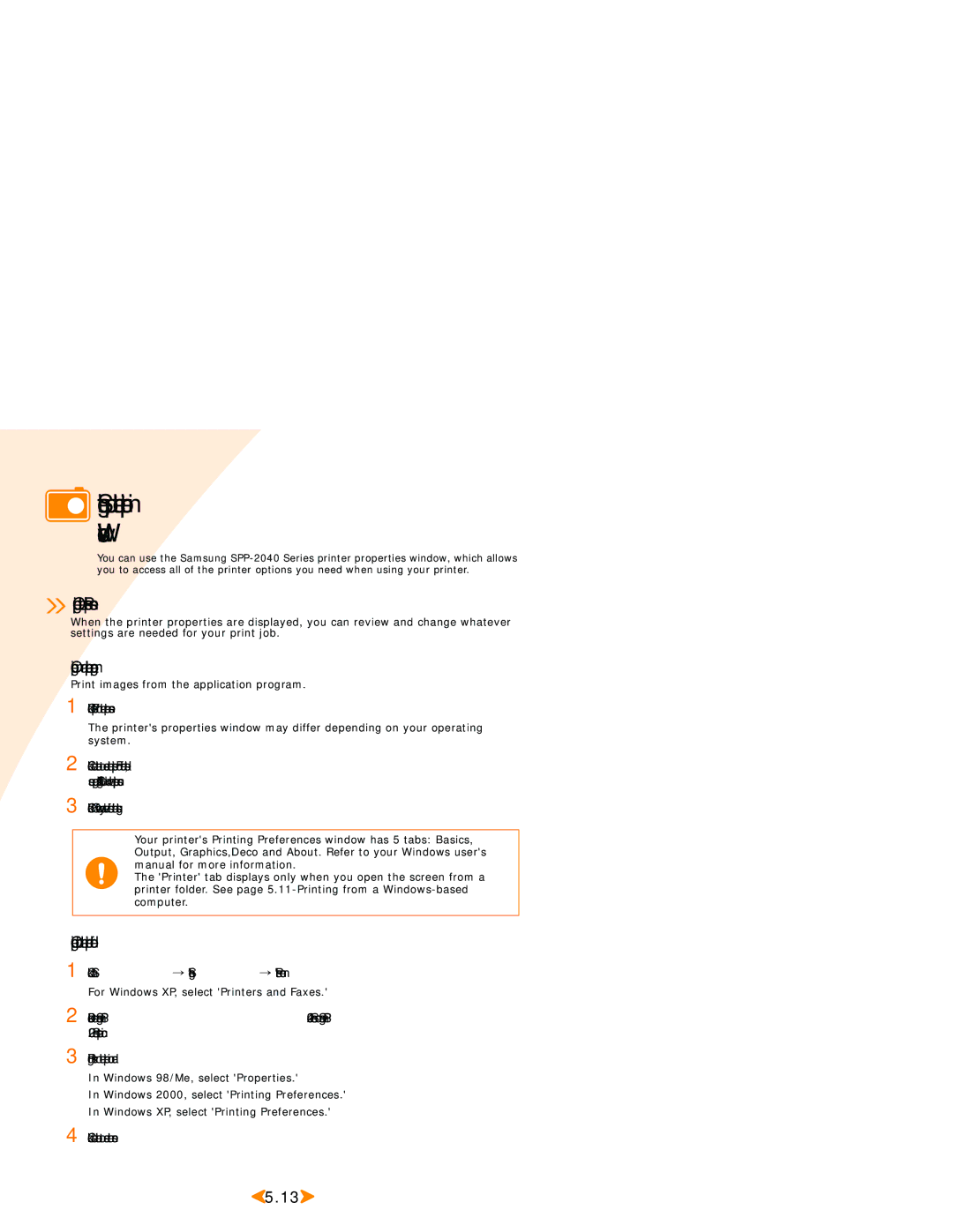 Samsung SPP 2040 Setting up the printer in Windows, Opening the Properties screen, Click each tab to access the screen 