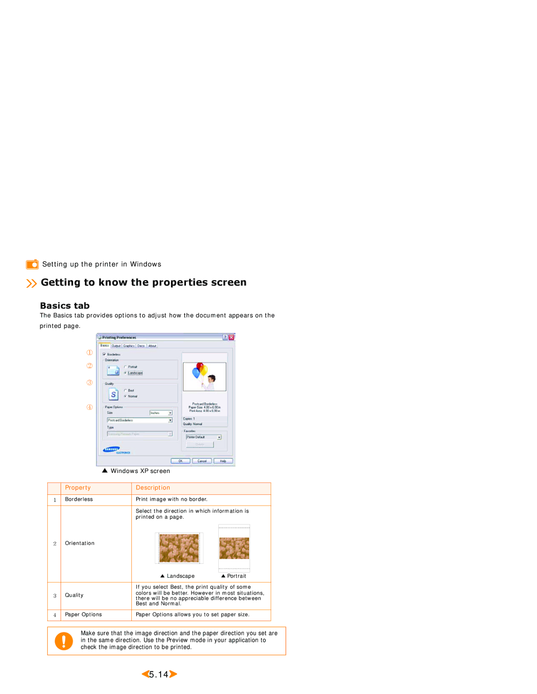 Samsung SPP 2040 manual Getting to know the properties screen, Basics tab 