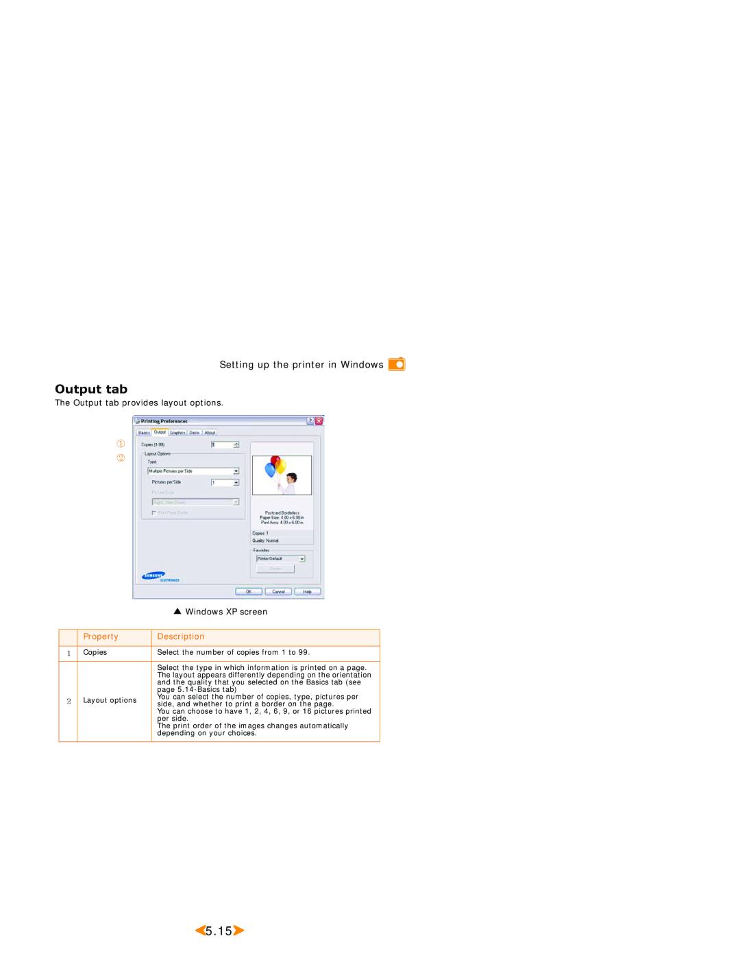 Samsung SPP 2040 manual Output tab 