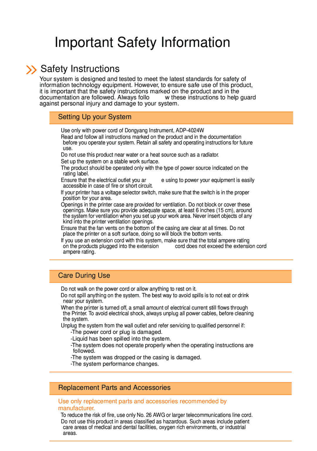 Samsung SPP 2040 manual Important Safety Information, Safety Instructions, Setting Up your System, Care During Use 