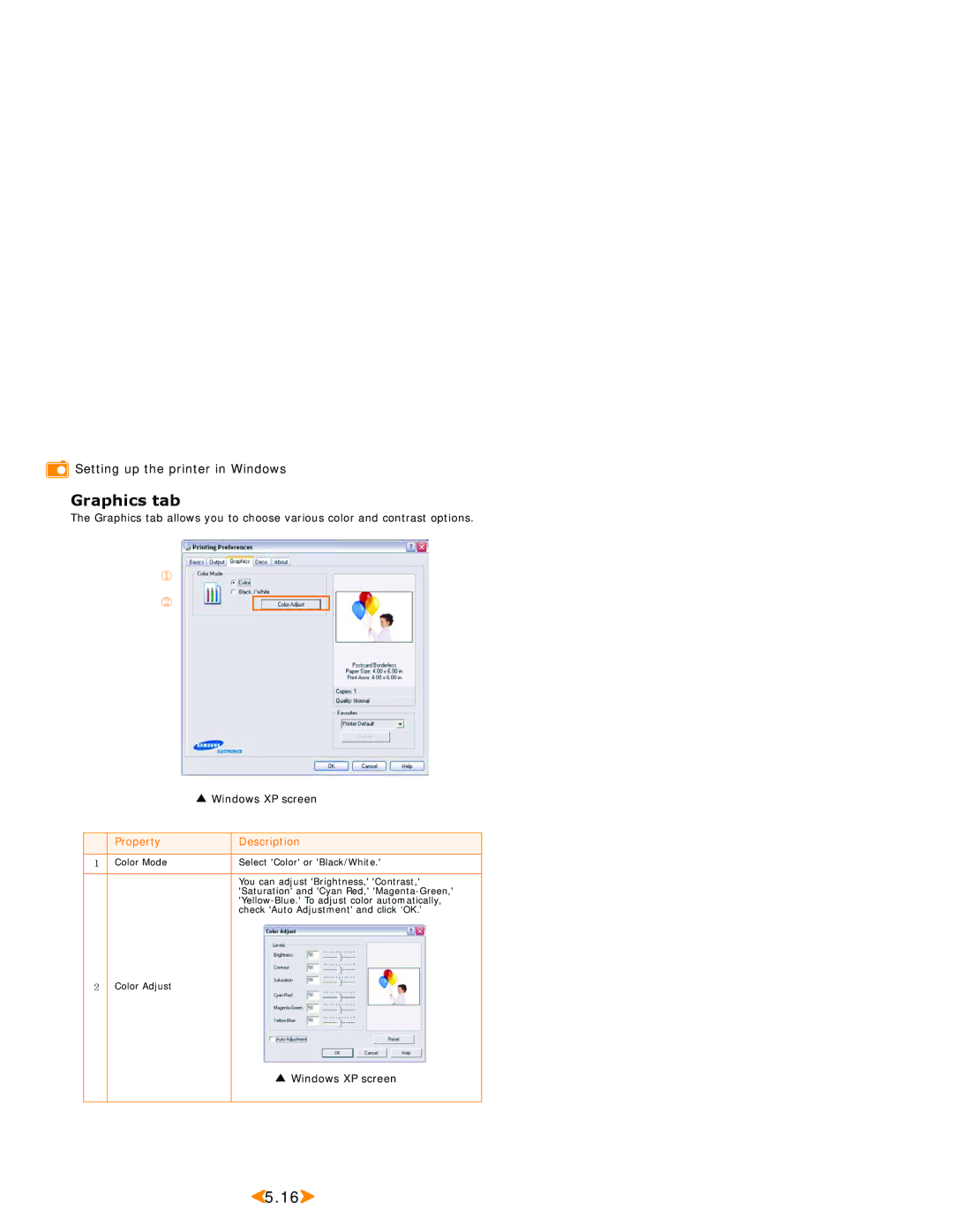 Samsung SPP 2040 manual Graphics tab 