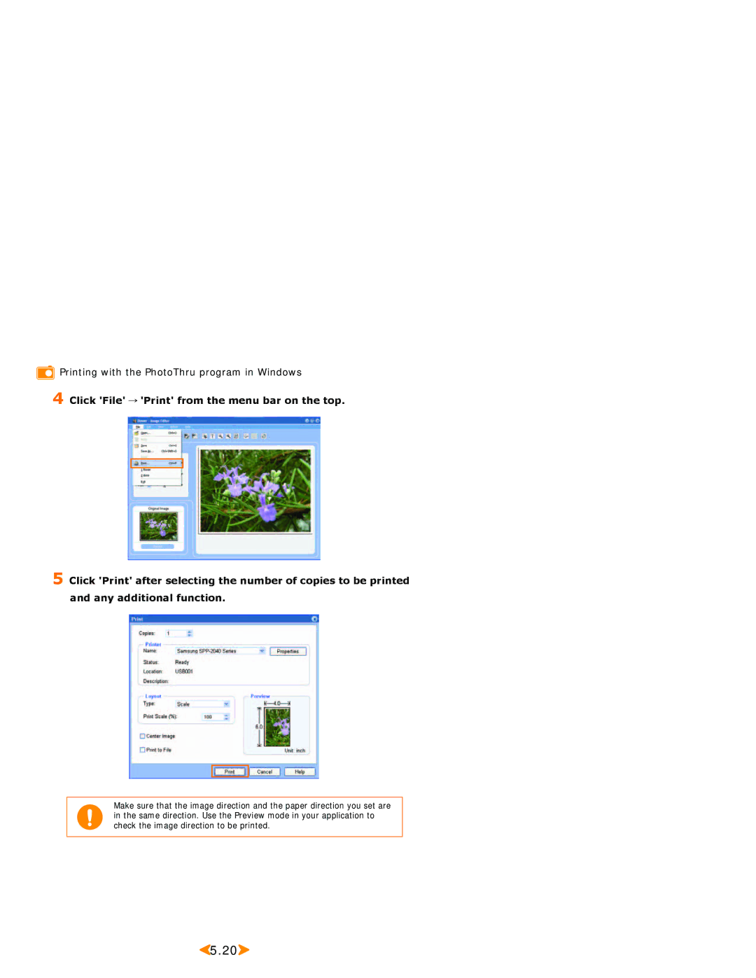 Samsung SPP 2040 manual Printing with the PhotoThru program in Windows 