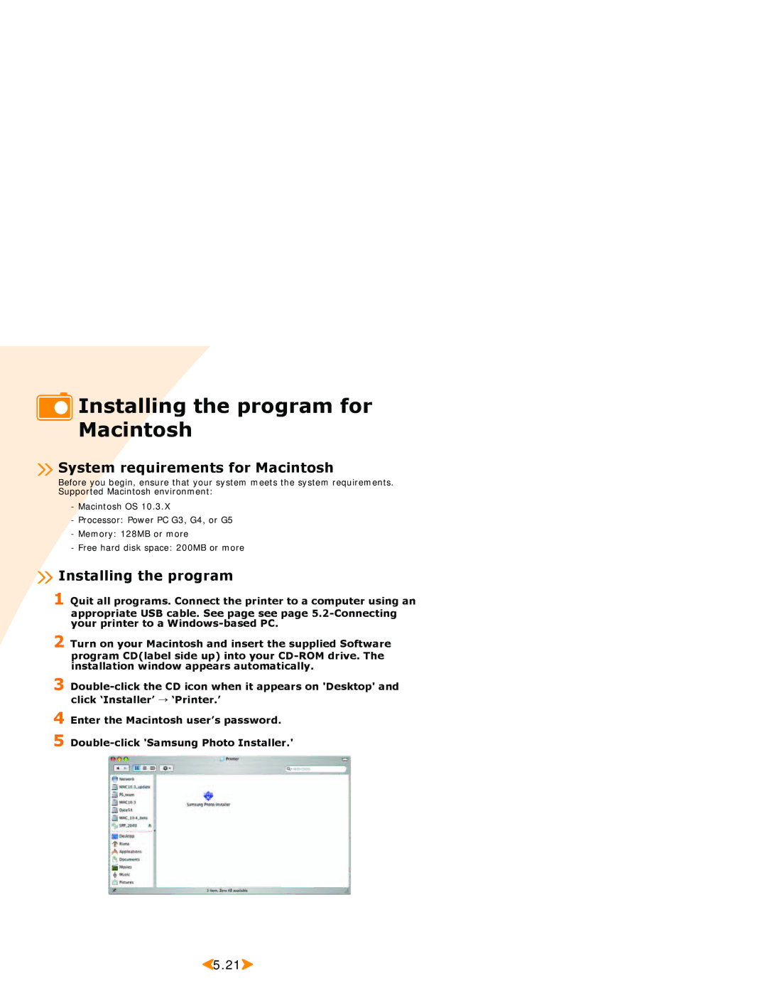 Samsung SPP 2040 manual Installing the program for Macintosh, System requirements for Macintosh 