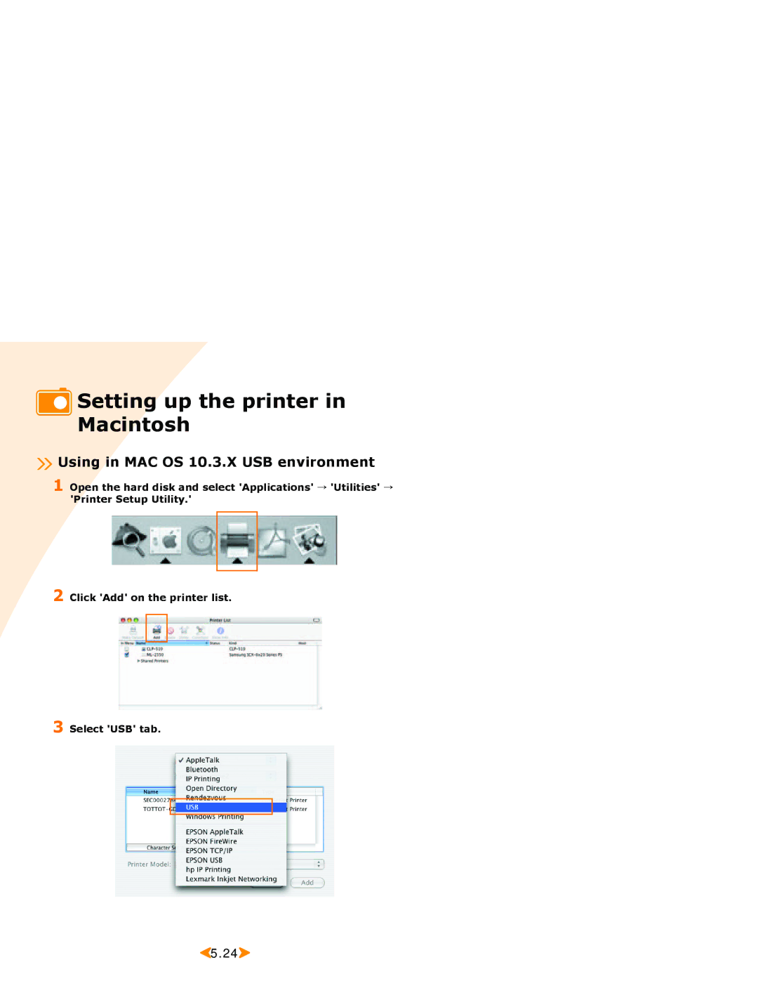 Samsung SPP 2040 manual Setting up the printer in Macintosh, Using in MAC OS 10.3.X USB environment 