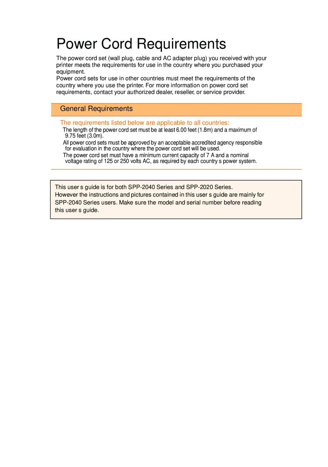 Samsung SPP 2040 manual Power Cord Requirements, General Requirements 