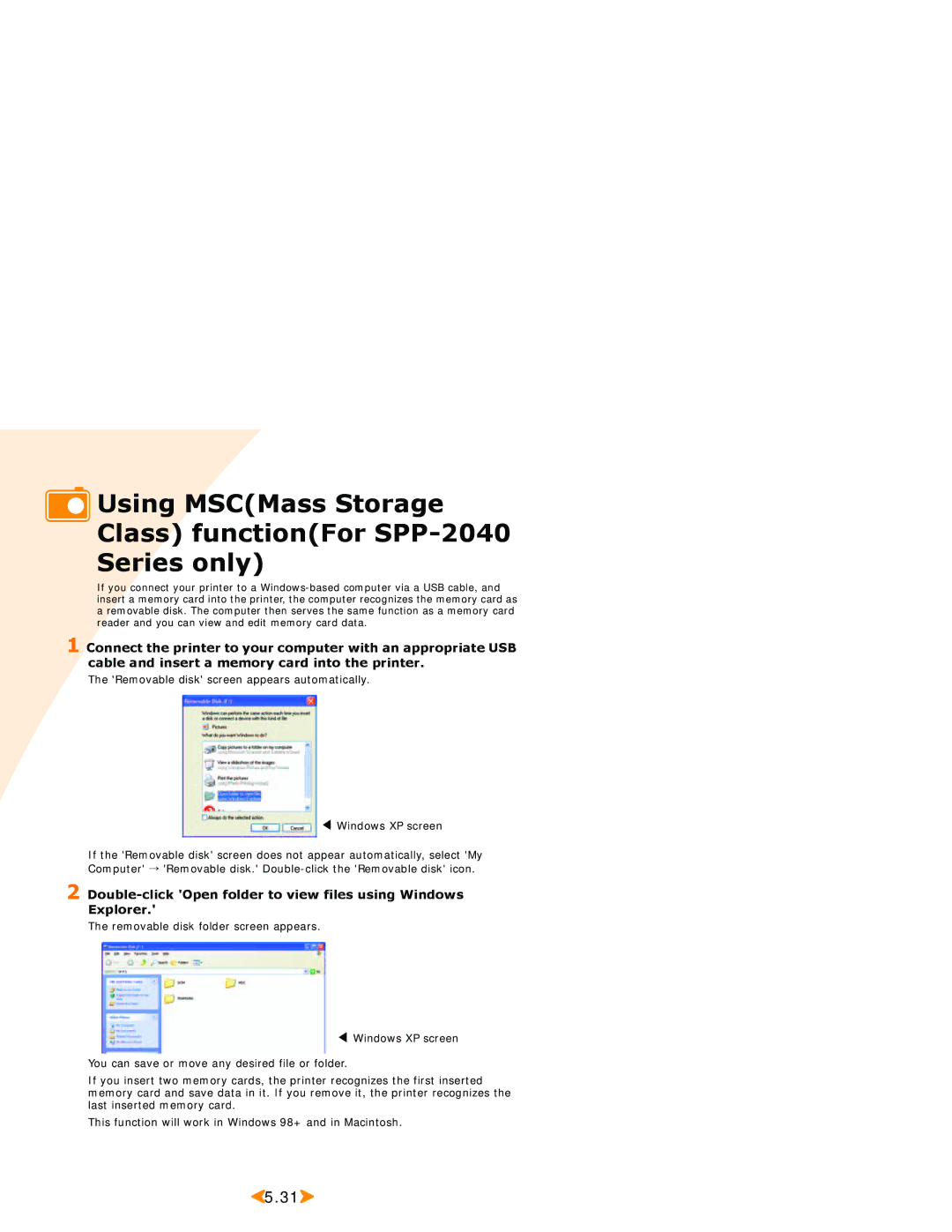 Samsung SPP 2040 manual Using MSCMass Storage Class functionFor SPP-2040 Series only 